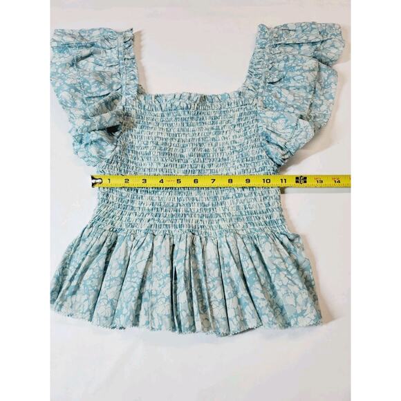 Love The Label Top Womens Small Puff Sleeve Ruffles Smocked Blue Peplum Feminine - Picture 9 of 11